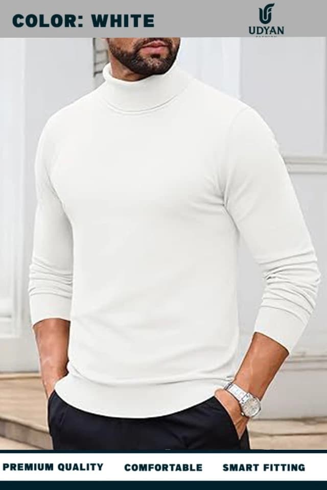 smart people wearing WHITE COLOR HIGH NECK SWEATER 