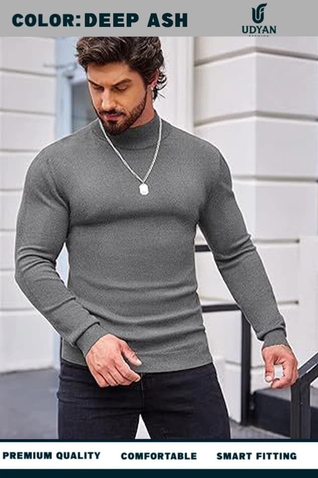 smart people wearing DEEP ASH  COLOR HIGH NECK SWEATER