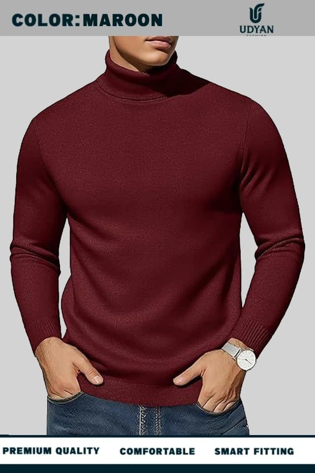 smart people wearing MAROON COLOR HIGH NECK SWEATER
