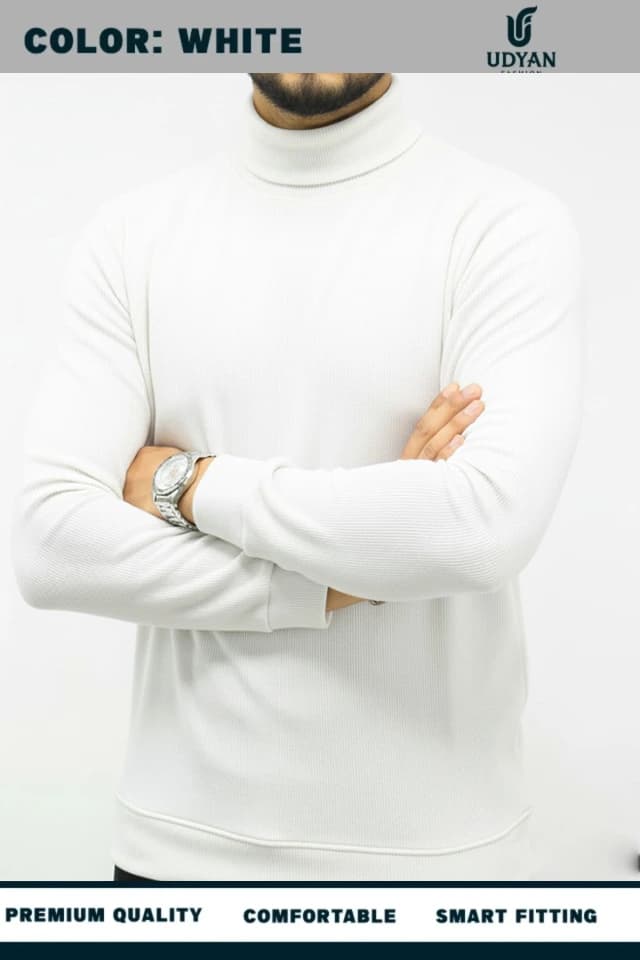 smart people wearing WHITE COLOR HIGH NECK SWEATER 